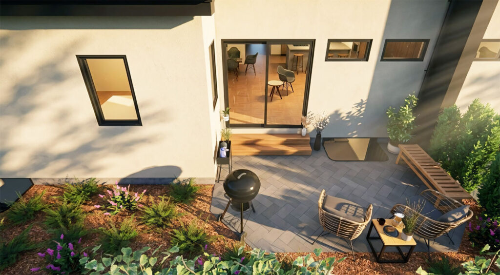 Rendering shows aerial view of backyard and back of house. Double sliding glass doors with two wooden steps down to paved patio area with furniture. A perennial garden extends further behind the house.