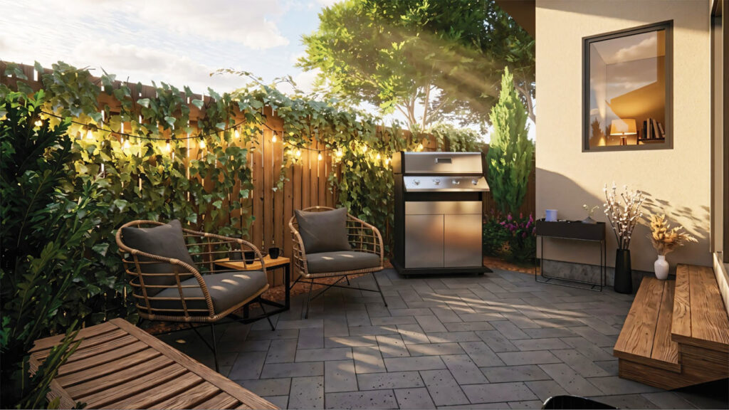 Rendering showing corner of backyard with paving stones and two wooden steps up to back door. High wooden fence encloses the backyard. Barbeque and patio furniture are on the paved patio.